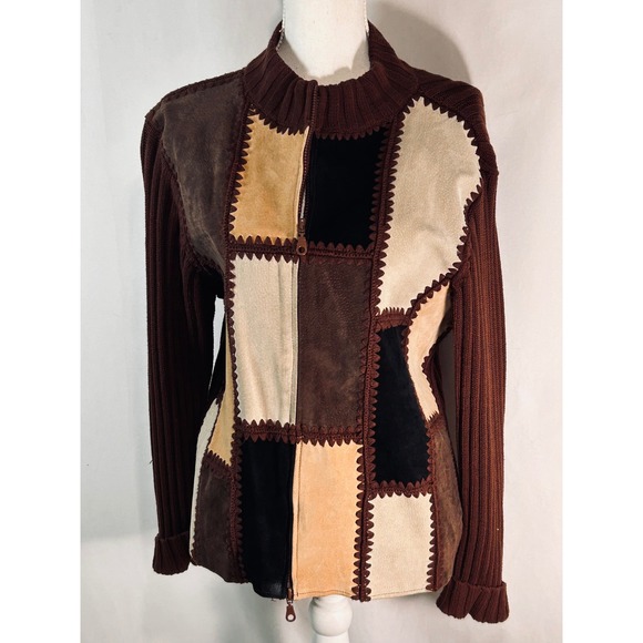 KIKIT Jackets & Blazers - Vintage Patchwork Suede Knit Full Zip Jacket‎ Brown Tan Mock Neck Boho Large